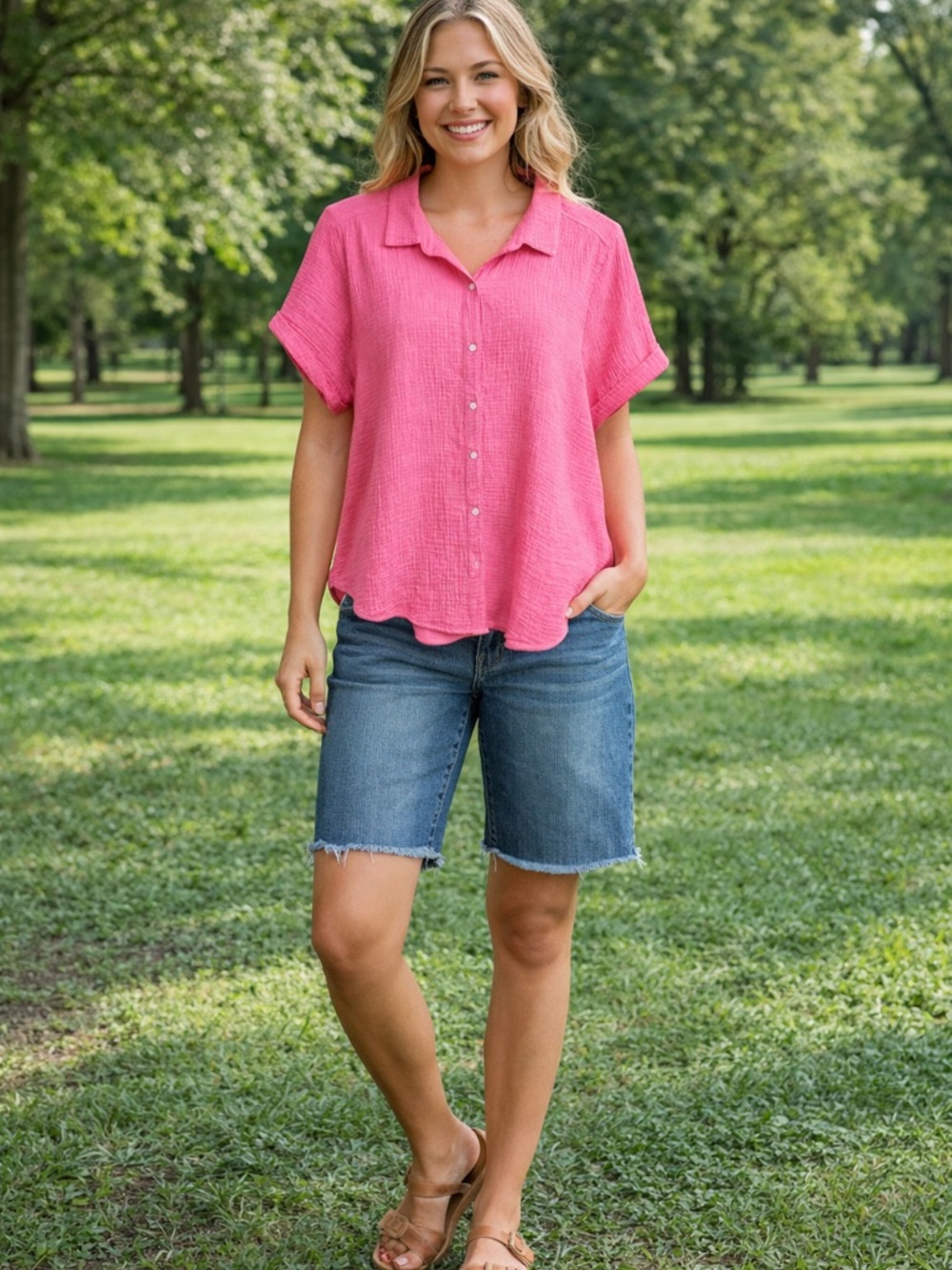 Lucky Brand Pink Button-Down Short Sleeve Shirt - Picture 2 of 7